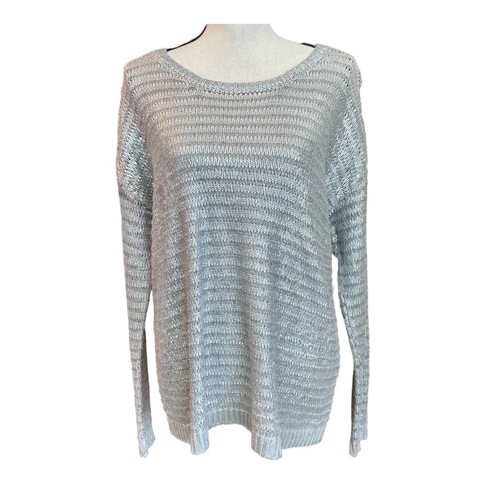 a.n.a Womens Sweater Silver Metallic Pullover Waffle Knit Long Sleeve XL New